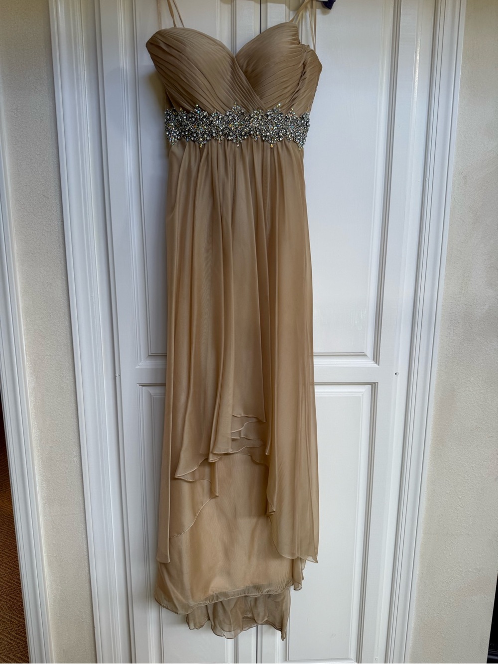 La Femme Satin Evening Dress in Champagne